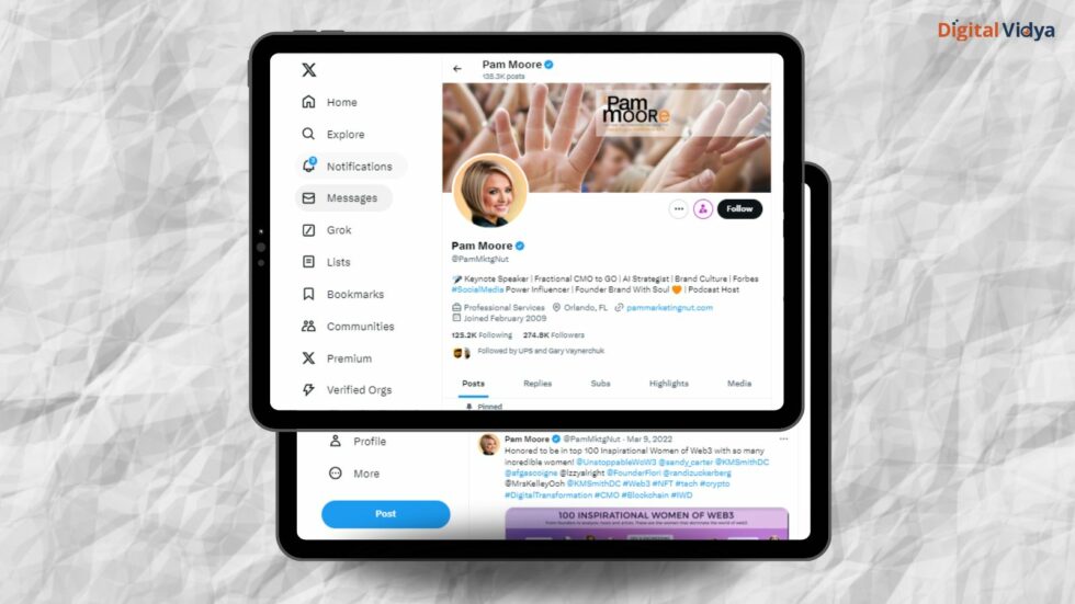 Pam moore is a marketing and branding specialist on twitter.