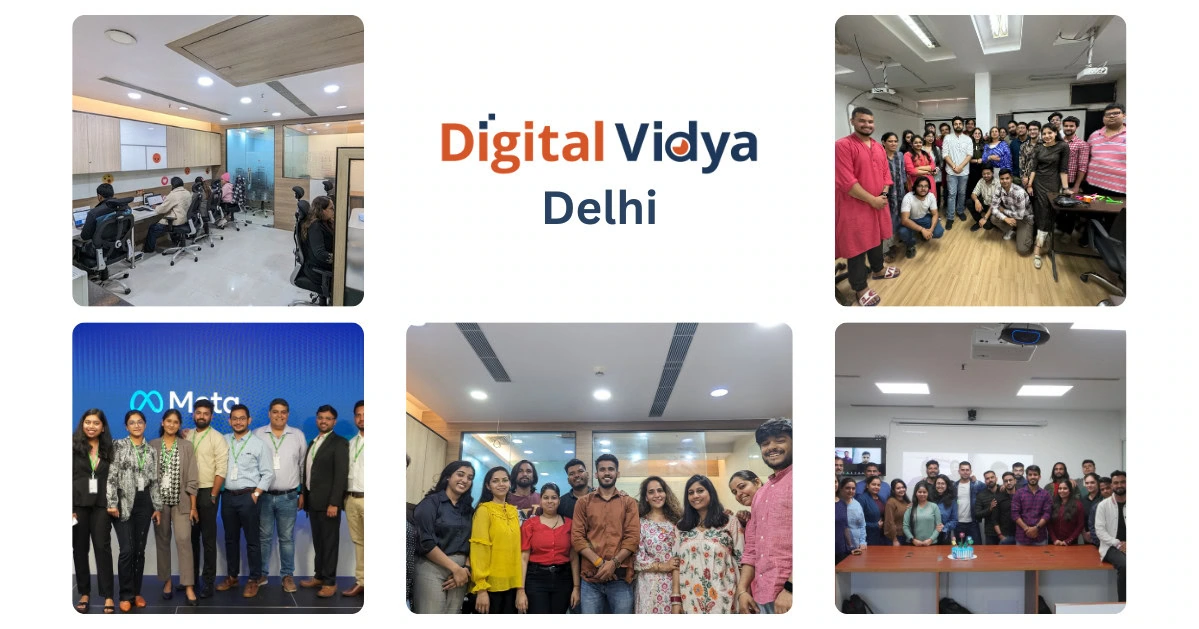Collage of five images showing digital vidya's delhi campus, classrooms, and groups of students and staff