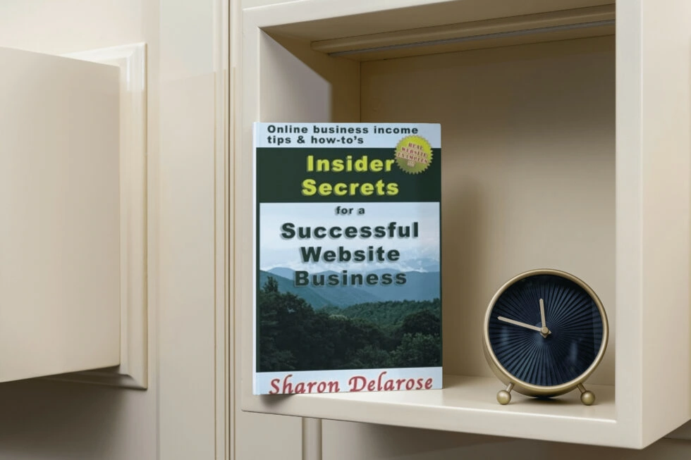 Book cover "insider secrets for a successful website business" by sharon delarose with online tips.