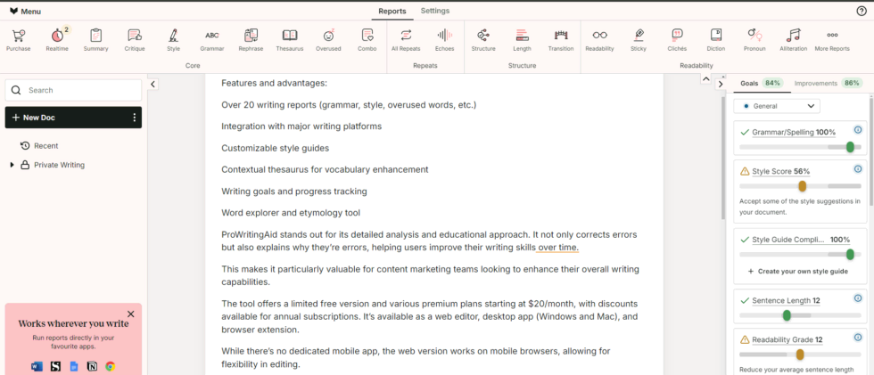 Prowritingaid dashboard showing various writing reports, document editor, and performance metrics