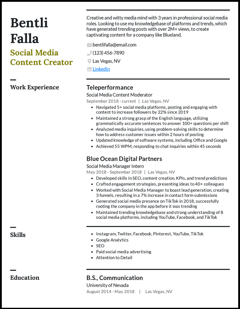 Social media content creator resume